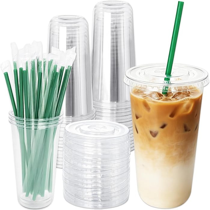 Qinsihwn 25 Sets 20 oz Plastic Cups with Lids and Green Straws,Disposable Iced Coffee Cups,Clear ... | Amazon (US)