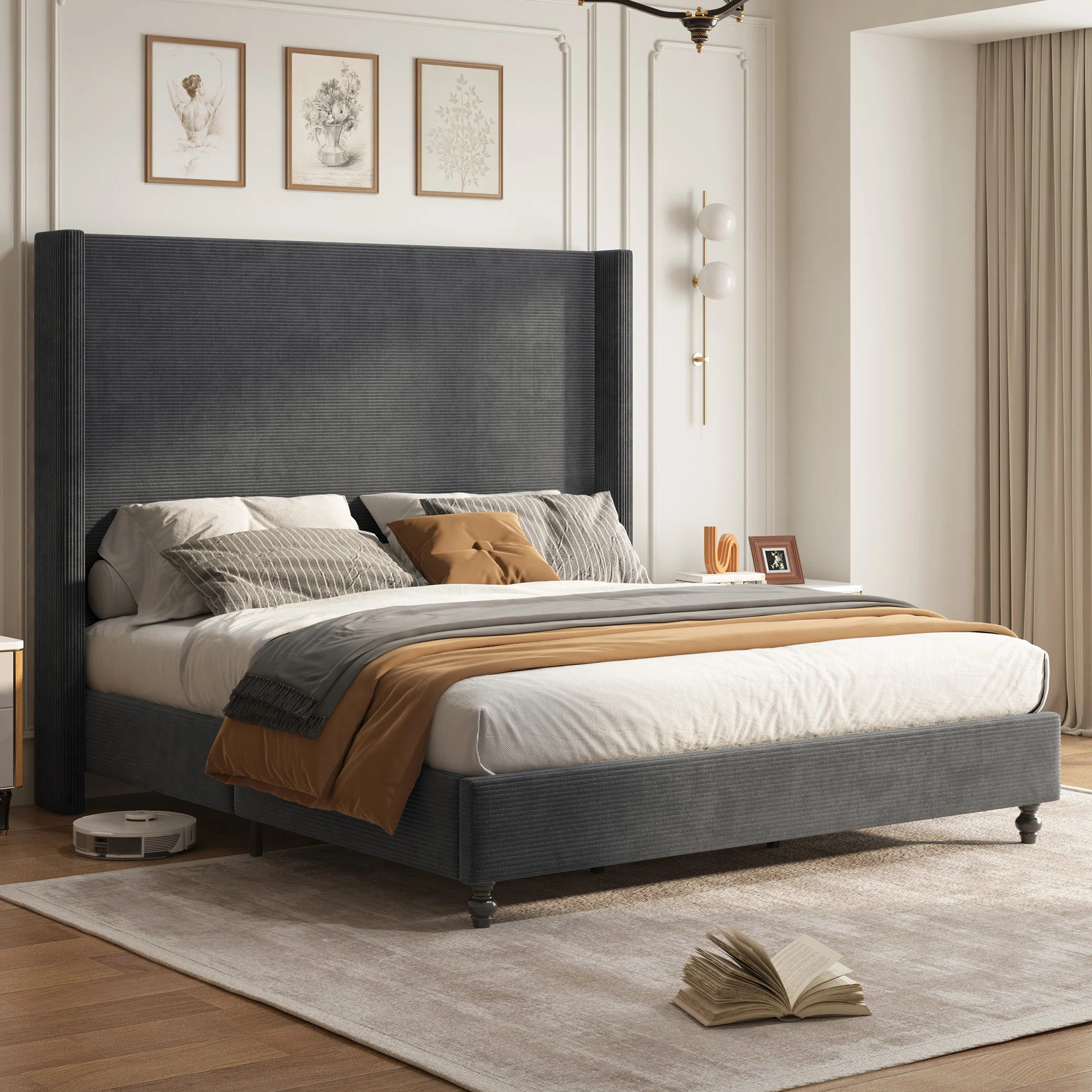 Wauseon King Size Modern Corduroy Upholstered Bed with 65'' Tall Headboard & Solid Wood Legs, Bla... | Wayfair North America