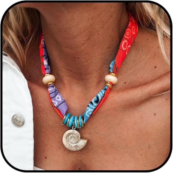 Scarf Necklace with Conch Shell Heart Charm Bandana Necklace for Women Statement Accessory Summer... | Amazon (US)