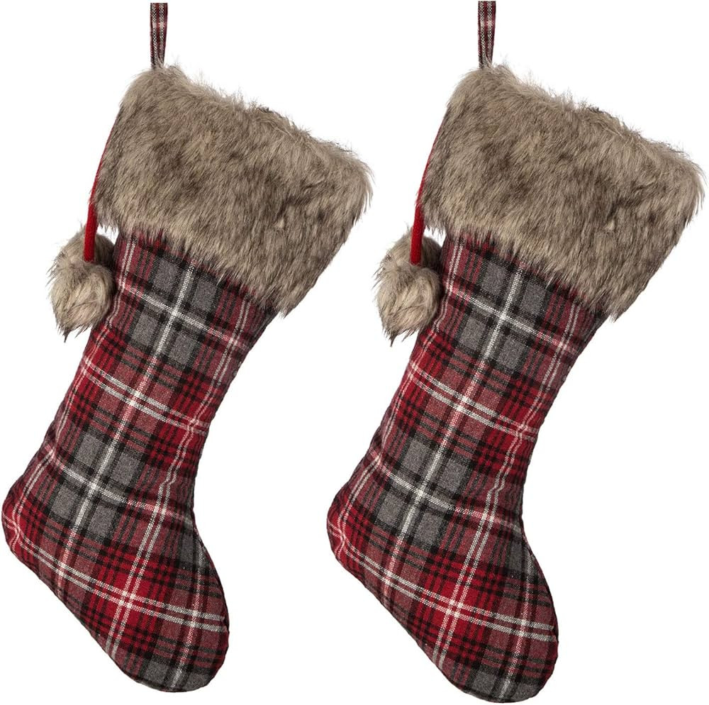 iPEGTOP 18" Christmas Stockings, Double Side Fabric Red and Black Plaid Buffalo Stocking with Fau... | Amazon (US)