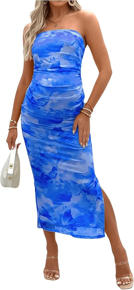 Milumia Women's Maternity Floral Mesh Split Strapless Tube Dress Bodycon Maxi Dresses | Amazon (US)