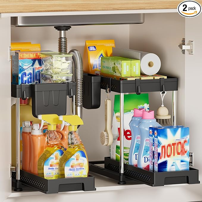 2 Pack Under Sink Pull-Out Storage Organizers, Multi-Purpose Under Sink Cabinet Organizers and St... | Amazon (US)