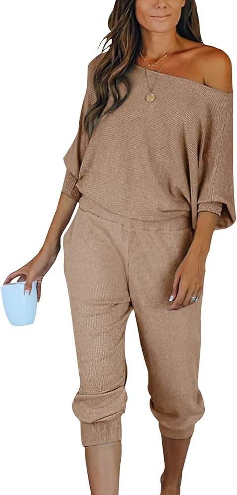 PRETTYGARDEN Women's 2 Piece Ribbed Tracksuit Outfits Off Shoulder Long Sleeve Pullover Long Pant... | Amazon (US)