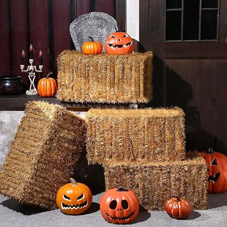 Suzile 4 Pcs Halloween Decorative Straw Bale, 24" X 12" x 12" | Foldable Hay Bale Decoration, Eas... | Amazon (US)