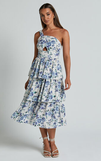 Caro Midi Dress - One Shoulder Tiered Dress in Blue Floral | Showpo (US, UK & Europe)