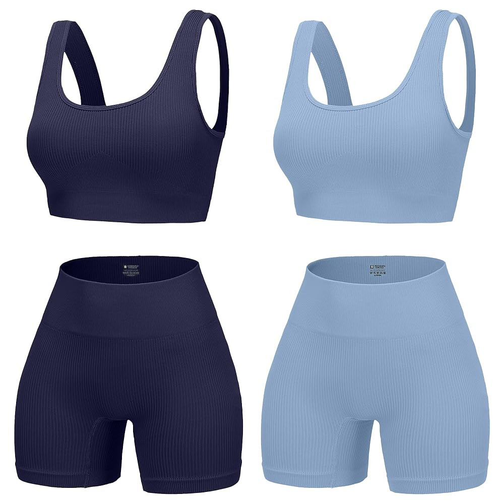 4 Piece Workout Sets for Women Seamless Ribbed High Waist Yoga shorts with Sports Bra Outfits | Amazon (US)