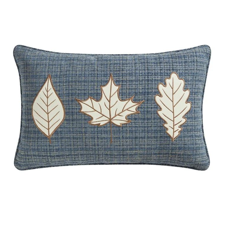 Way to Celebrate 14" x 22" Blue Embroidered Leaves Oblong Decorative Pillow | Walmart (US)