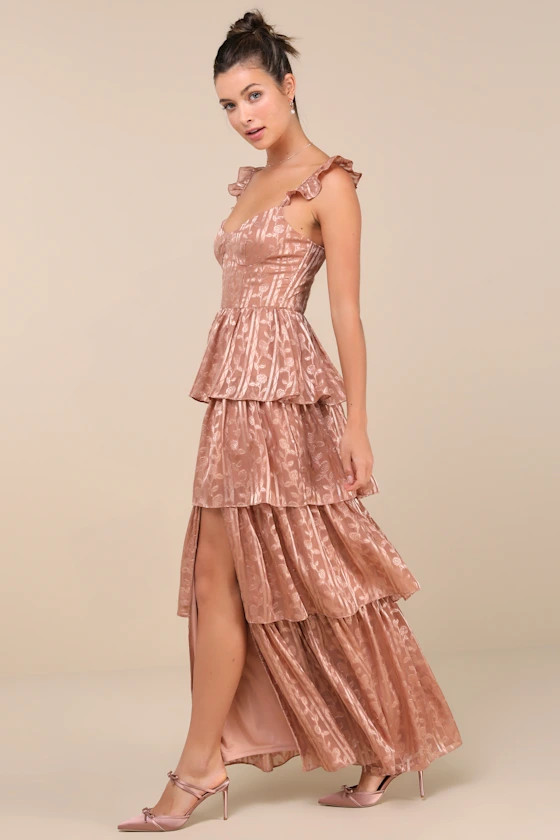 Stunning Glory Dusty Pink Floral Jacquard Tiered Maxi Dress | Lulus