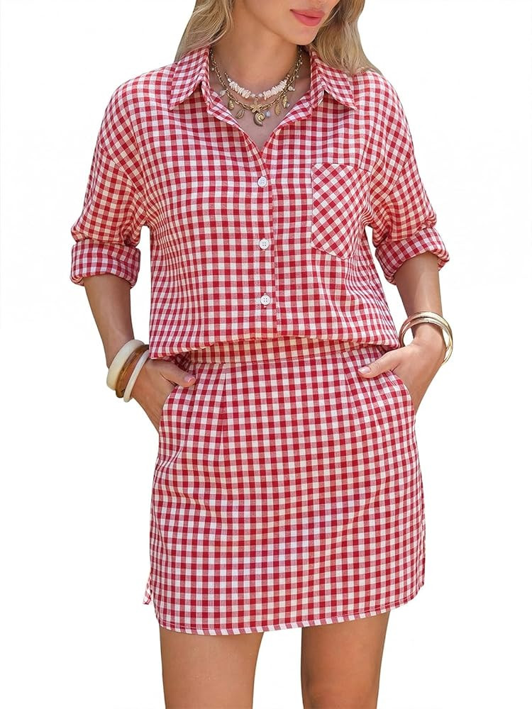 EXLURA Womens Summer 2 Piece Sets 100% Cotton Striped Long Sleeve Button Shirts Matching Skirt Be... | Amazon (US)