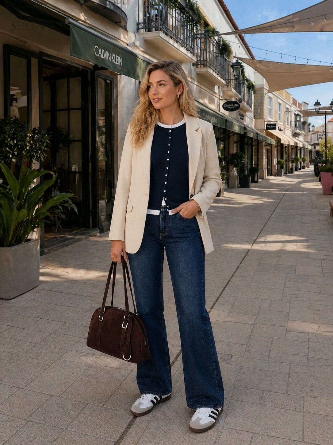 Light blazer vest top flare bootcut jeans and brown handbag 

#LTKsummer #LTKjeans #LTKspring