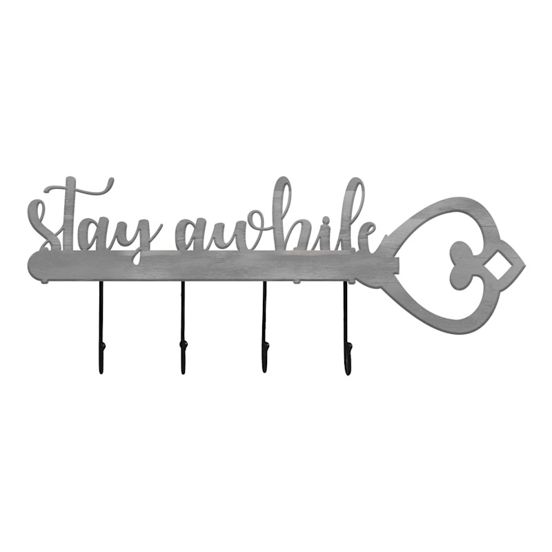 Stay Awhile Wall Sign with Hooks, 8X20 | At Home