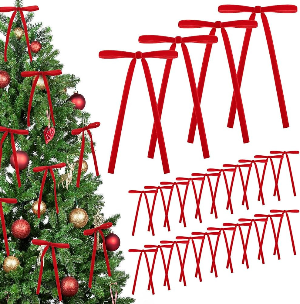 MEWTOGO 24 Pcs Christmas Velvet Bows - 5 x 7 Inch Velvet Ornaments for Christmas Tree with Tie, E... | Amazon (US)