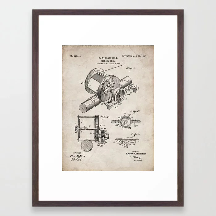 Fishing Reel Patent - Fishing Rod Art - Antique Framed Art Print | Society6