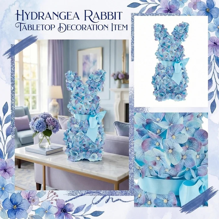 Easter Decorations Blue Hydrangea Bunny Tabletop Decoration Floral Rabbit Silhouette with Satin B... | Walmart (US)