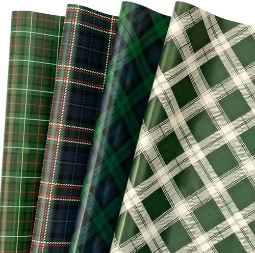 LeZakaa Christmas Green Wrapping Paper, 12 Folded Sheet with 4 Different Tartan Plaid Design for ... | Amazon (US)