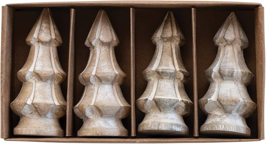 Creative Co-Op Carved Mango Wood Christmas Trees, White, Set of 4 | Amazon (US)