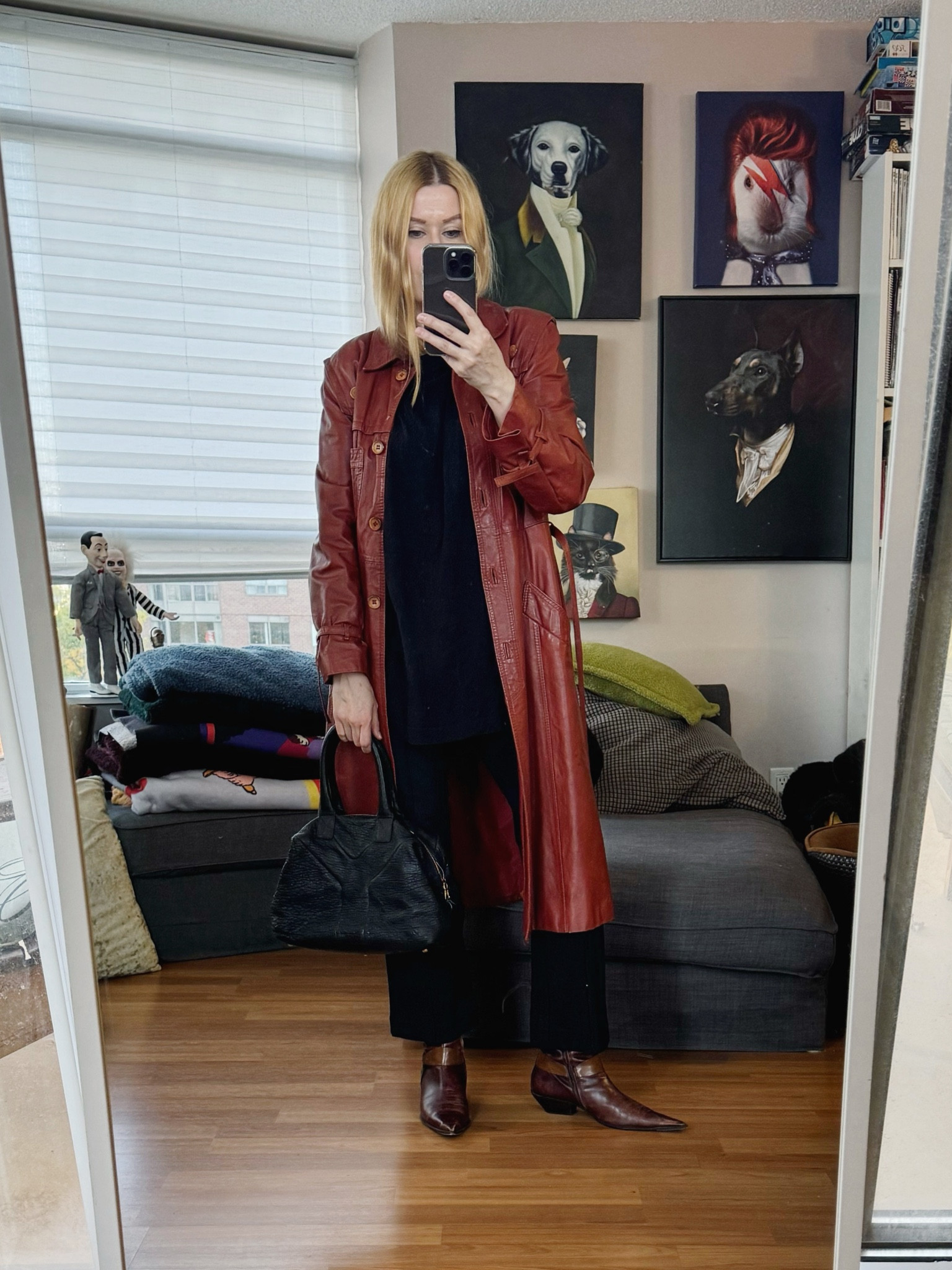 Bringing the kick flares into fall. These vintage boots slide underneath perfectly.
The leather trench, boots, and bag are vintage. I’ve had this coat for a bajillion years. The t-shirt is men’s and  i get so much use from it, and you see me wear it at a minimum 1-2 times a week. 

 •
#falloutfit #ysleasy #vintageysl #falltrends #torontostylist #StyleOver40  #secondhandFind #fashionstylist #slowfashion #FashionOver40  #MumStyle #genX #genXStyle #shopSecondhand #genXInfluencer #genXblogger #secondhandDesigner #Over40Style #40PlusStyle 


#LTKStyleTip #LTKOver40 #LTKSeasonal