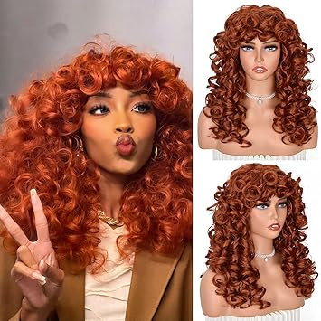 ANNISOUL Copper Curly Wigs for Black Women Long Curly Afro Wig with Bangs for Women Big Bouncy Fl... | Amazon (US)