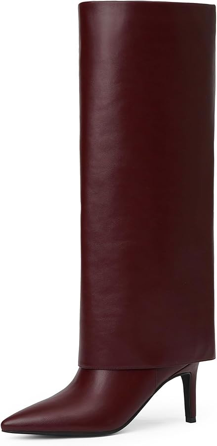 Knee High Boots Women Fold Over Boots Pointed Toe Stiletto Heel Long Shark Tall Boots with Zipper | Amazon (US)