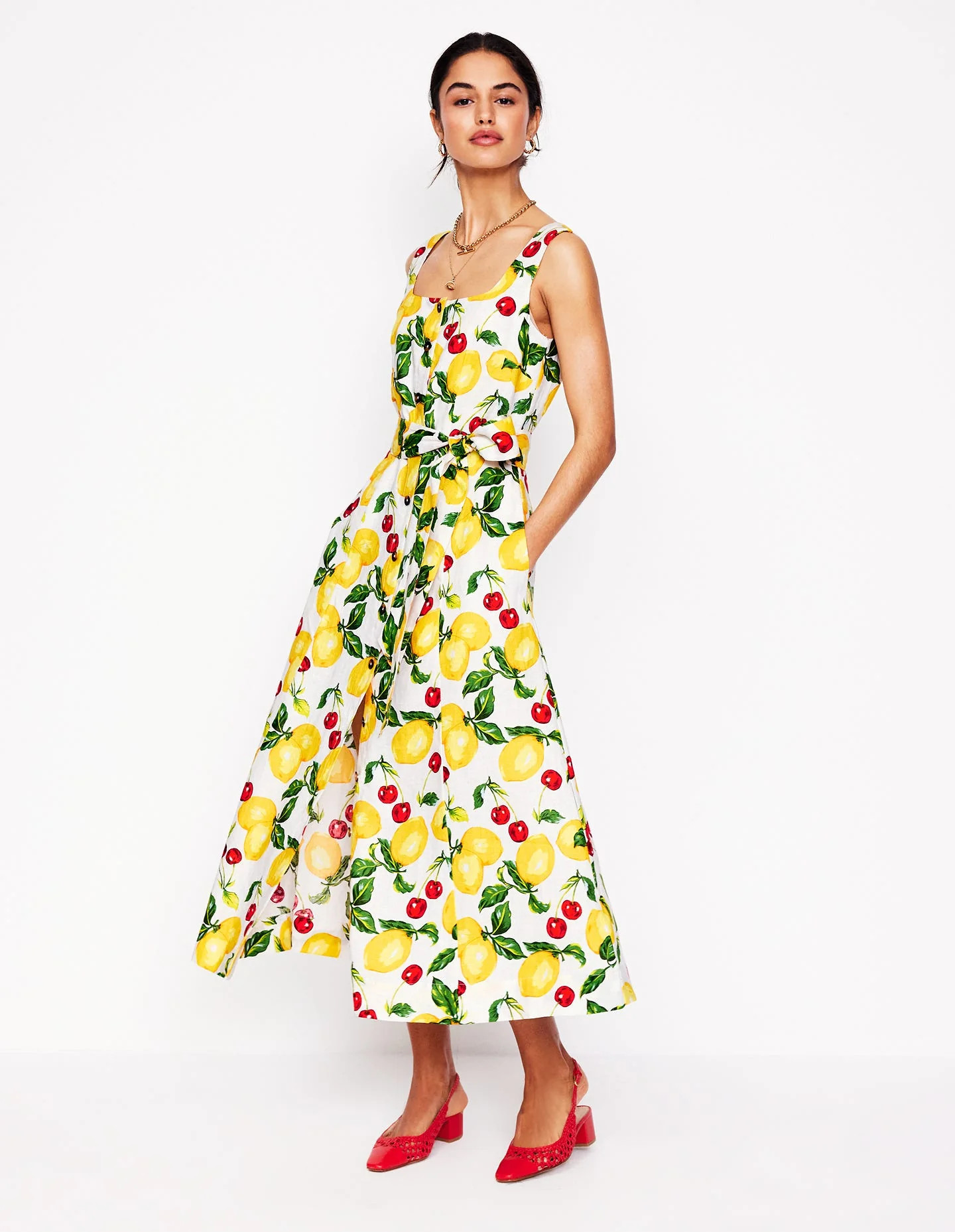 Square Neck Linen Midi Dress-Ivory, Cherries and Lemons | Boden (US)