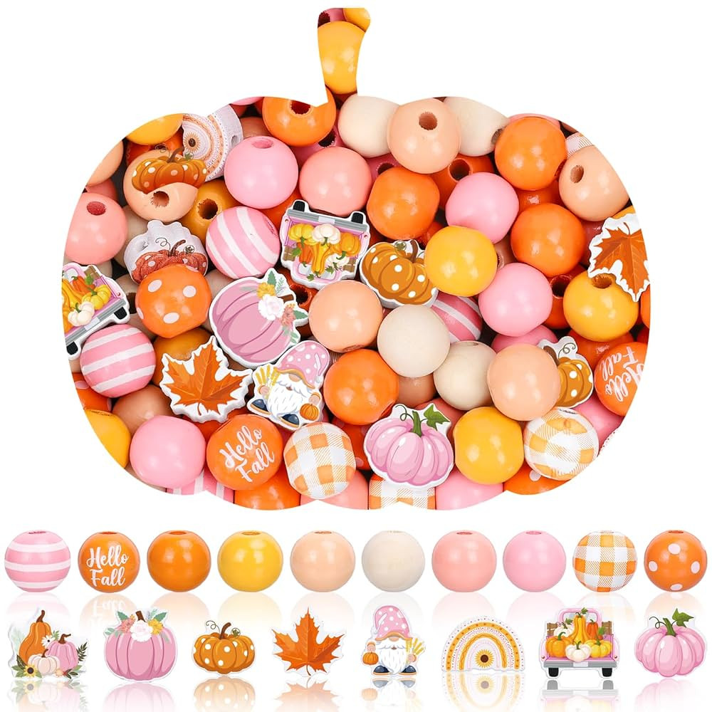 200Pcs Fall Wooden Beads Autumn Pumpkin Gnome Plaid Handmade Polished Bead Pink Orange Round Loos... | Amazon (US)