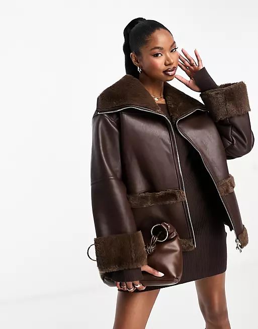 4th & Reckless faux shearling leather look jacket in chocolate | ASOS (Global)