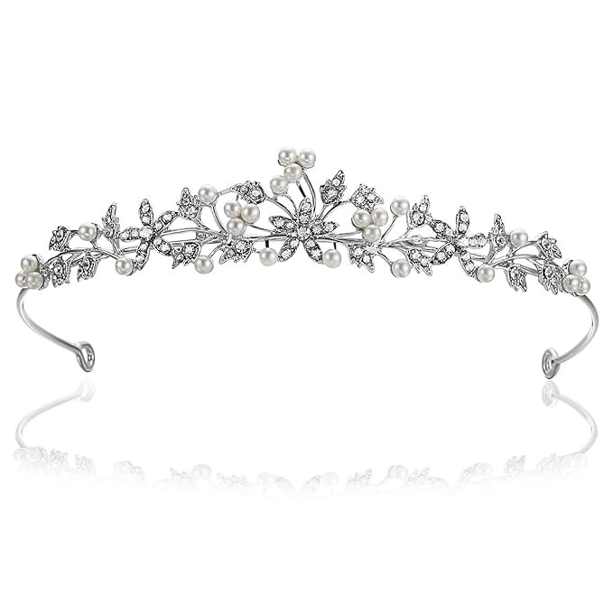 Flower Leaf Faux Pearl Rhinestone Crystal Bridal Tiara Crown T881 | Amazon (US)