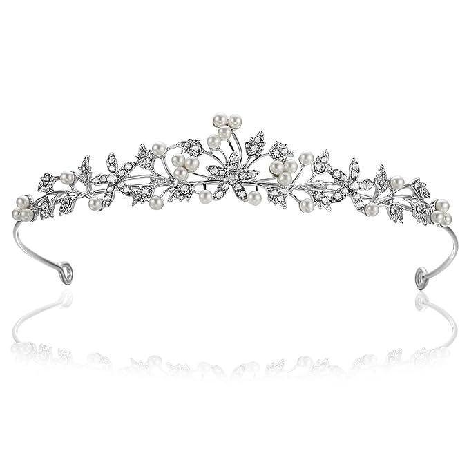 Flower Leaf Faux Pearl Rhinestone Crystal Bridal Tiara Crown T881 | Amazon (US)