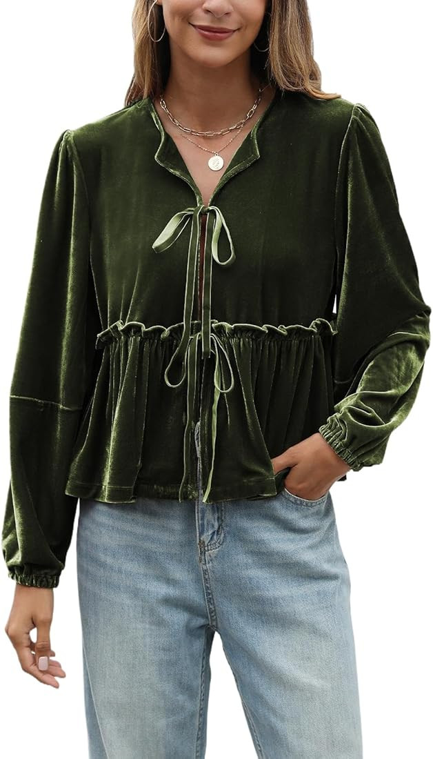 Women Velvet Blouse Tops Bow Tie Front Flowy Long Puff Sleeve V Neck Ruffle Peplum Babydoll Shirt | Amazon (US)