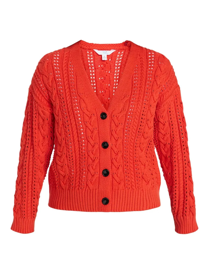 Time and Tru Women's Cable Knit Cardigan Sweater with Long Sleeves, Lightweight, Sizes XS-XXXL | Walmart (US)