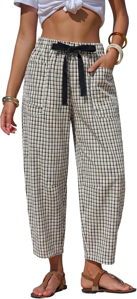 EXLURA Womens Faux Linen Striped Barrel Capri Pants Drawstring Trousers | Amazon (US)