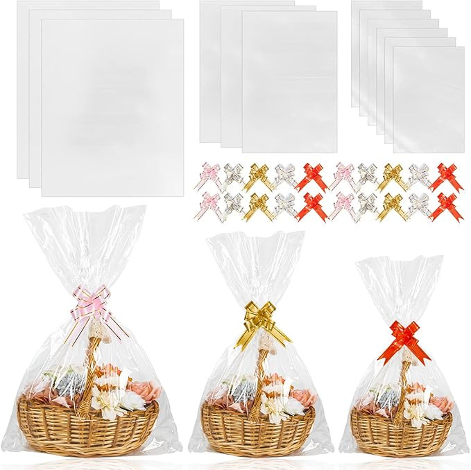 Labeol 50pcs Cellophane Bags 3 Sizes Clear Gift Wrap for Gift Baskets 12x18 16x24 24x30 Inches wi... | Amazon (US)