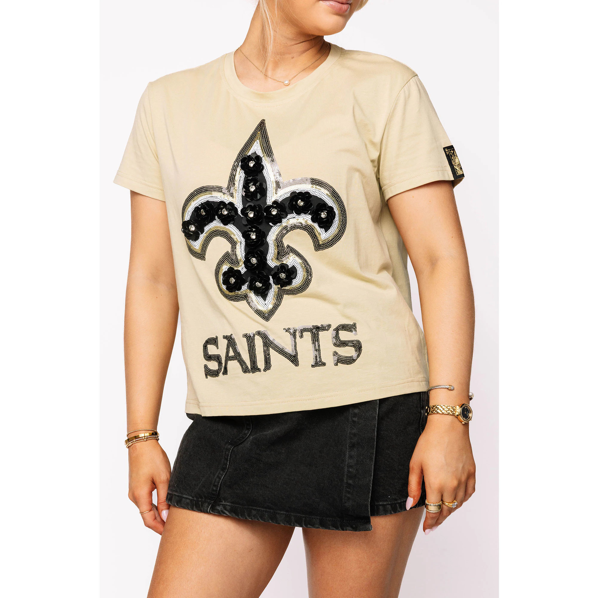 Women's New Orleans Saints  Queen of Sparkles Gold Fleur de Lis Flower T-Shirt | NFL Shop