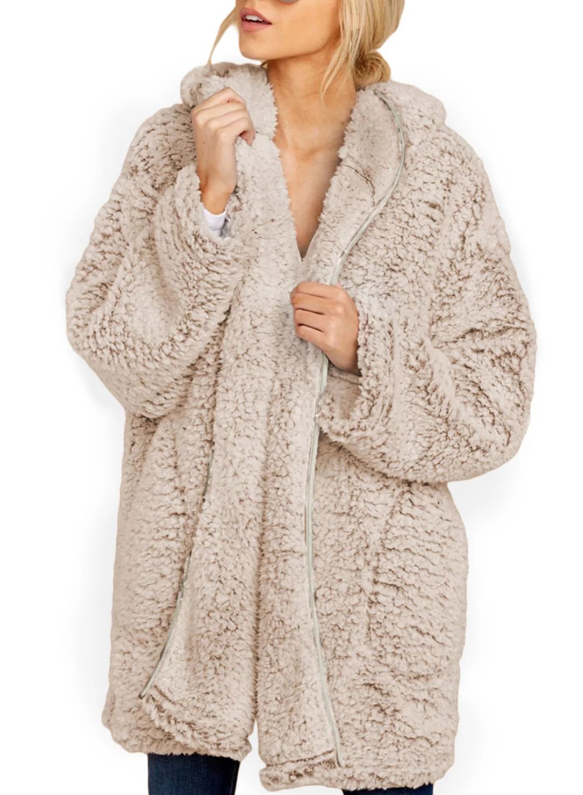 Dokotoo Women Beige Fleece Open Front Cardigan Fluffy Solid Jackets Hooded Tops Comfortable Sherp... | Walmart (US)