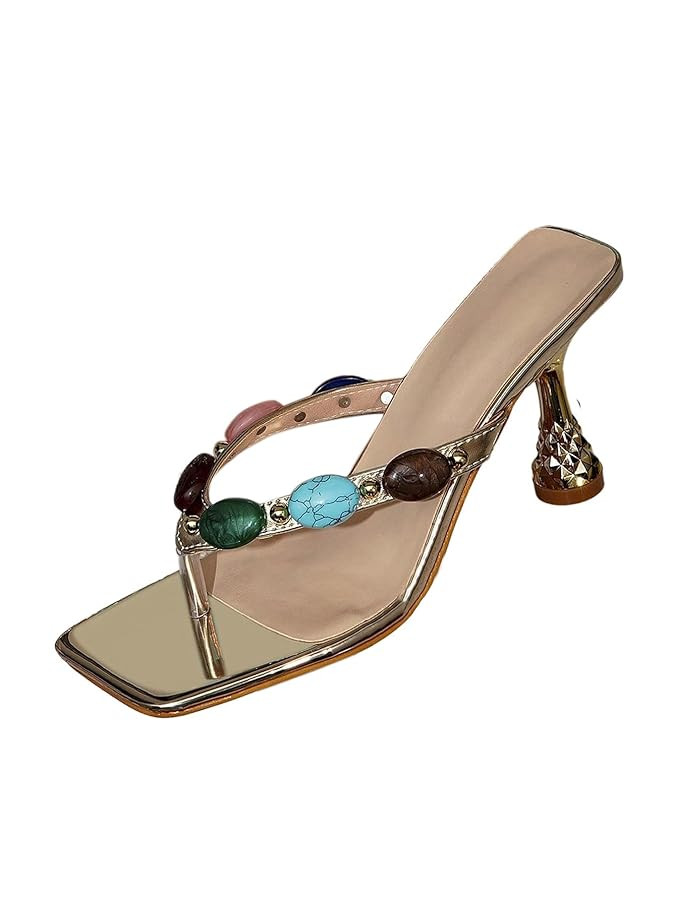MakeMeChic Women's Jeweled Kitten Heels Summer Beach Sandals Square Toe Flip Flop | Amazon (US)