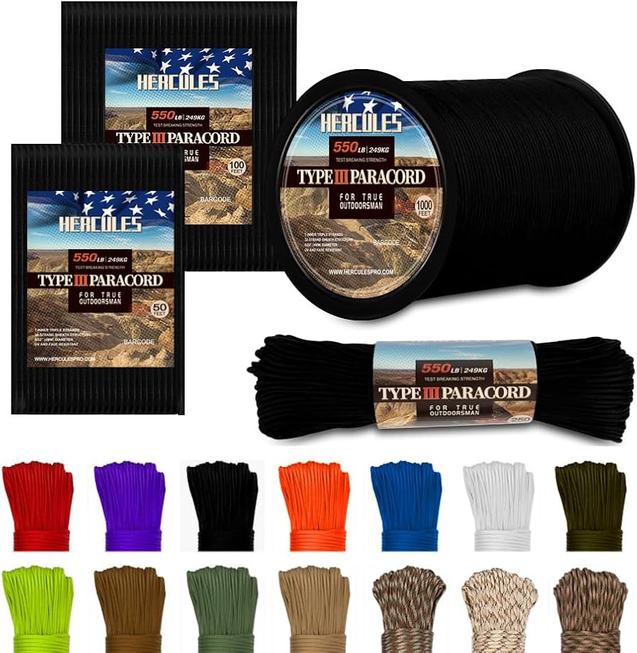 HERCULES Type III Paracord 550 Paracord Rope Parachute Cord, 50' Black for Survival Rope, Surviva... | Amazon (US)