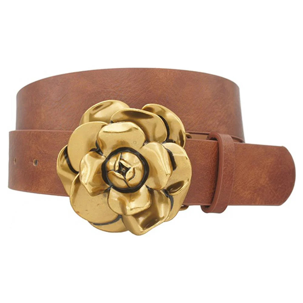 Cornelia Gold Flower Blossom Buckle Brown Vegan Leather Belt | Benaar La