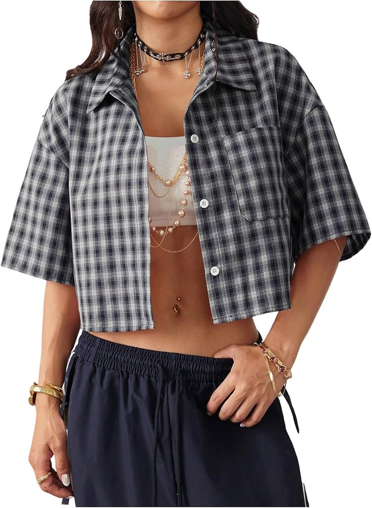 SOLY HUX Women's Button Down Vintage Plaid Shirts Short Sleeve Crop Blouses Preppy Clothes | Amazon (US)