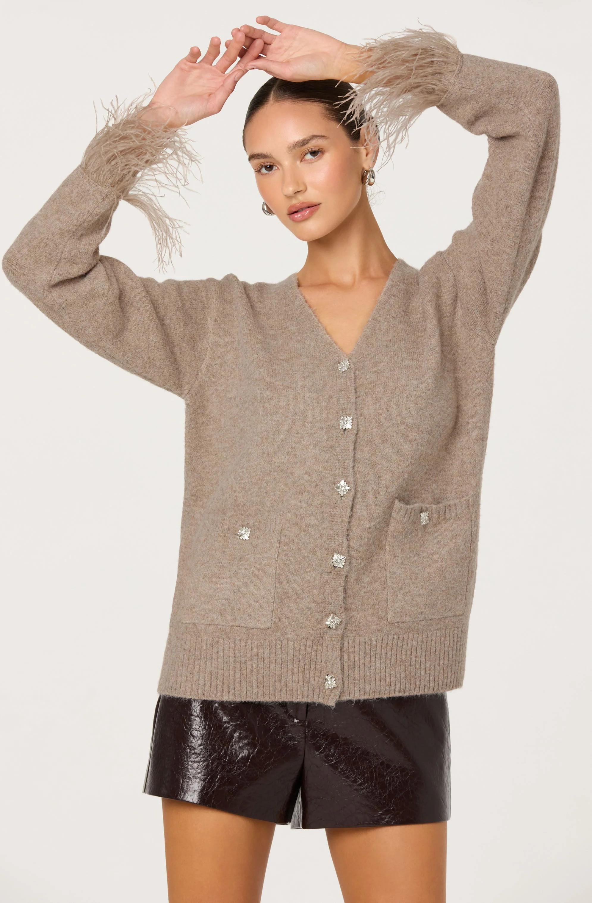 Grie Embellished Feather Trim Cardigan - Taupe / XS | ASTR The Label (US)