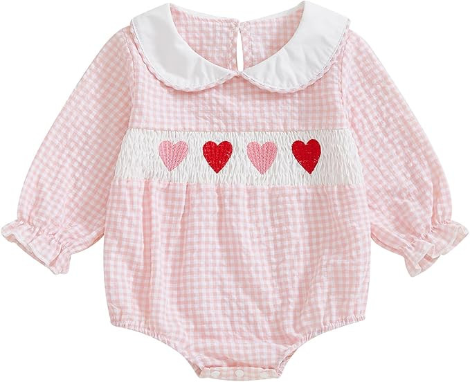 My First Valentines Day Baby Girl Outfits Newborn Smocked Bubble Romper Plaid Heart Bodysuit Vale... | Amazon (US)
