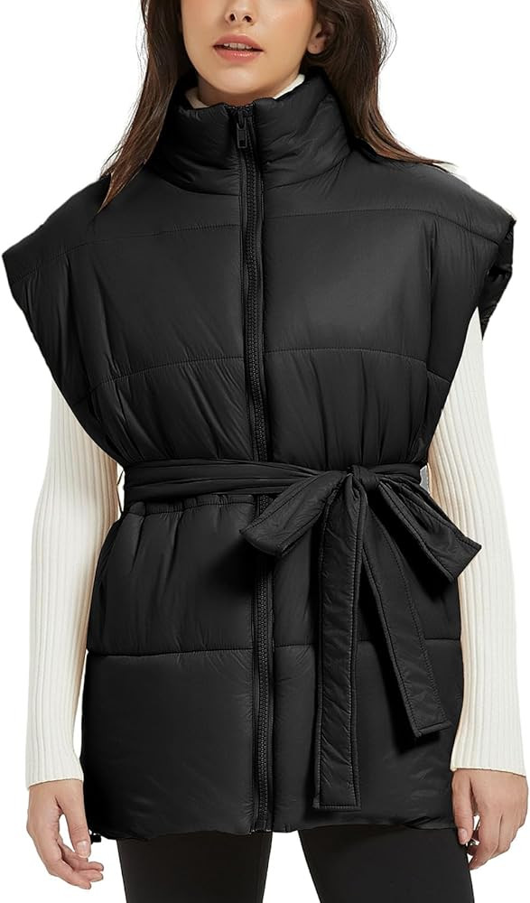 COZYPOIN Women Puffer Down Vest Stand Collar Sleeveless Padded Jacket with Belt Lightweight Gilet... | Amazon (US)