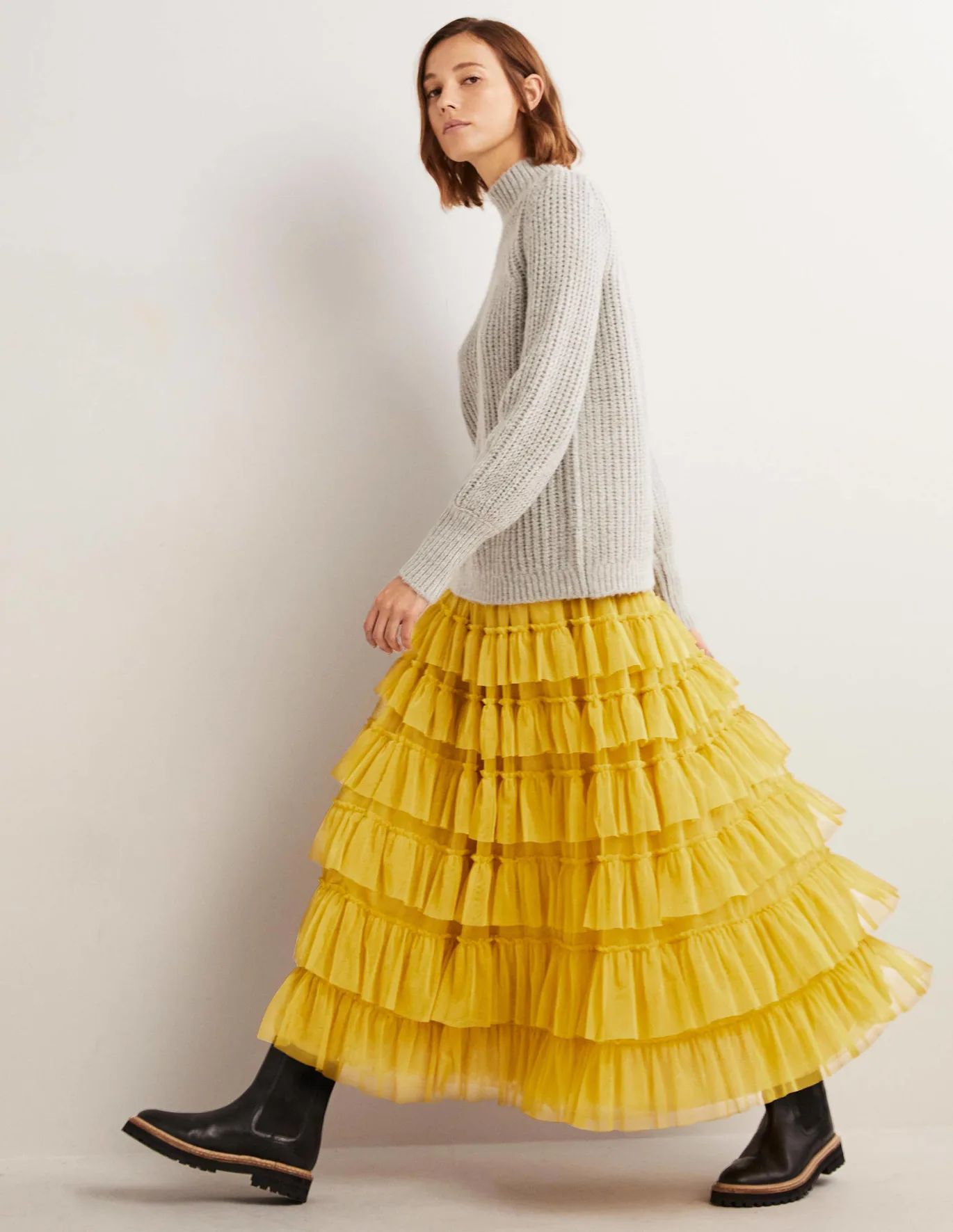Yellow Ruffle Tulle Midi Skirt | Boden (US)