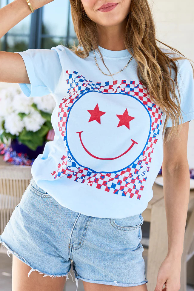 Multi Patriotic Smiley Checkered Light Blue Graphic Tee | Pink Lily