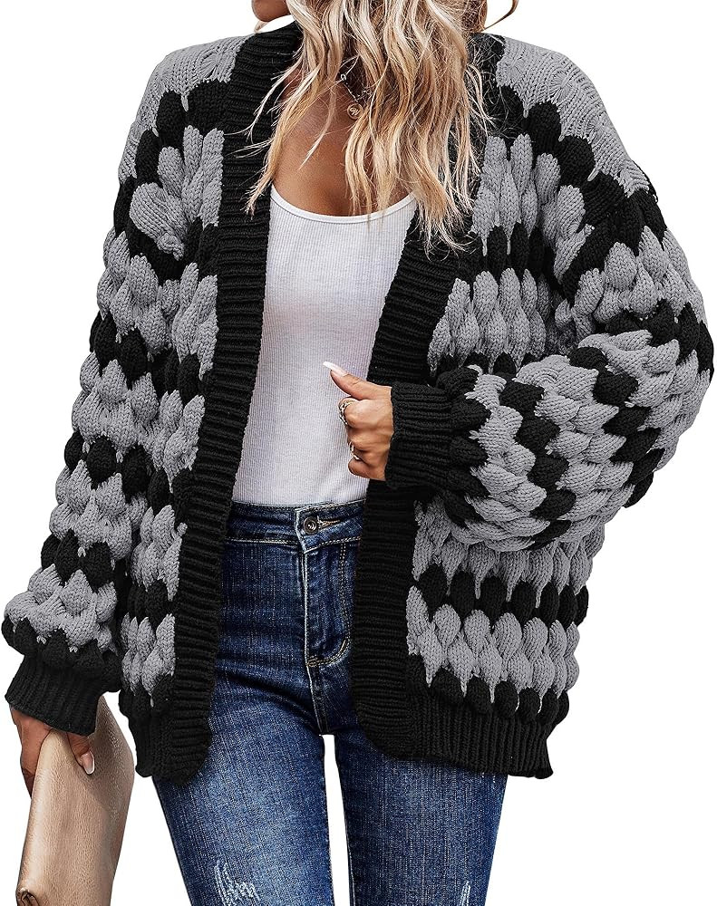 KIRUNDO Womens Cardigan Fall Fashion Lantern Sleeve Open Front Striped Color Block Loose Cable Kn... | Amazon (US)