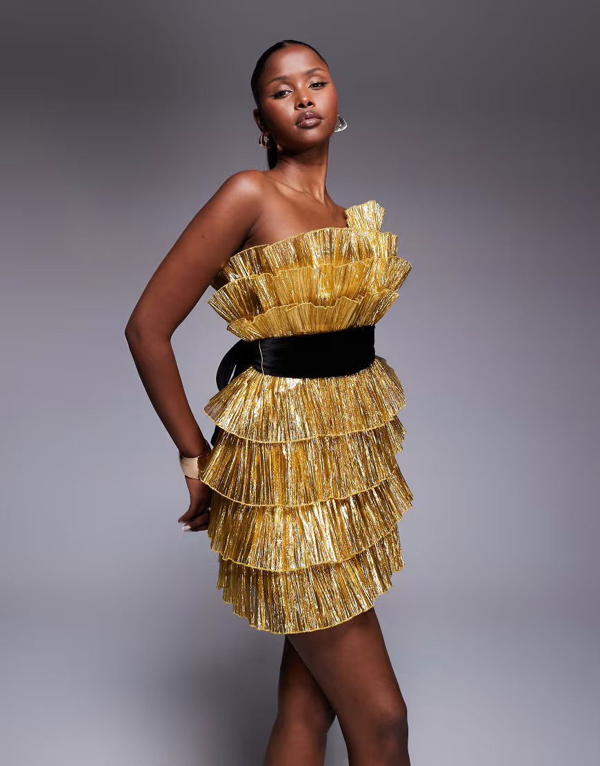 ASOS LUXE pleated bandeau mini dress with velvet belt in gold | ASOS (Global)