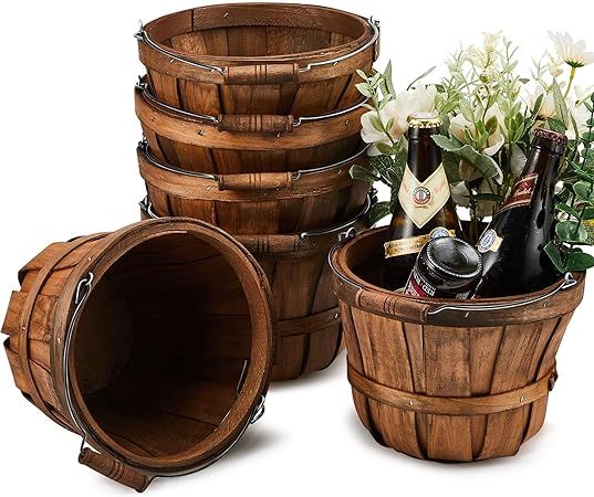 6 Pieces Wood Bucket Round Bushel Baskets Wood Fruit Buckets Farmers Market Harvest Basket Garden... | Amazon (US)
