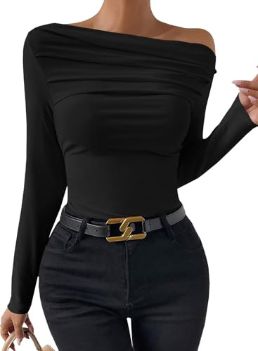 LOLONG Black Shirts for Women Long Sleeve Boat Neck Off Shoulder Ruched Fall Tops Casual Slim Fitted Ribbed Knit Going Out Blouses Trendy | Amazon (US)