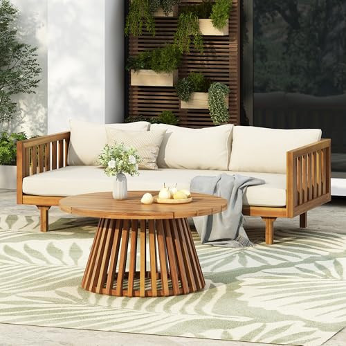 Wood Patio Furniture Set,Outdoor 3 Seater Daybed(with Water Resistant Thick Cushions) and Round Coffee Table, Beige Cushion | Amazon (US)