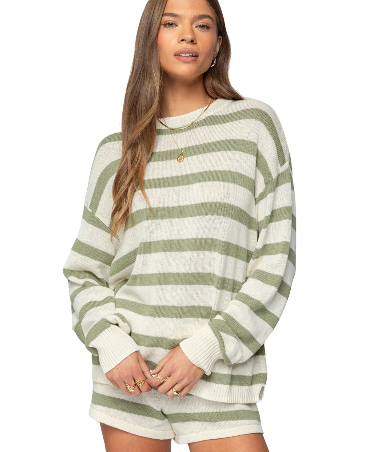 Edikted Women's Amaris Oversized Striped Knit Sweater - Olive | Macy's