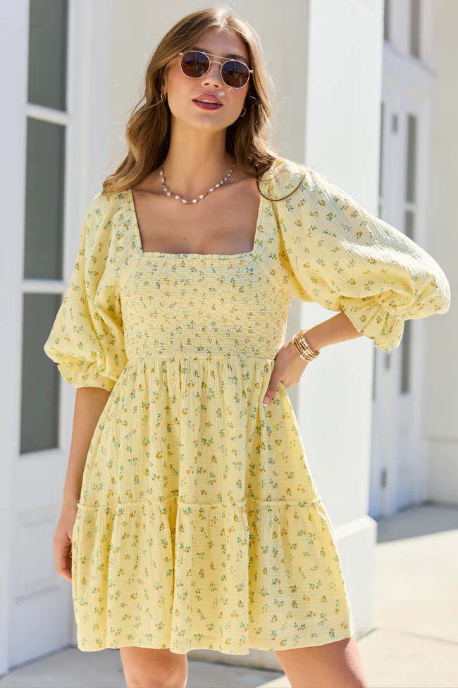 Quincy Yellow Floral Smocked Top Dress | Pink Lily